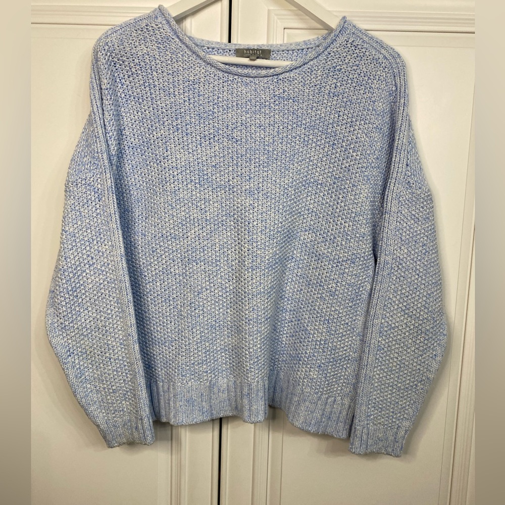 Habitat Women’s Sz Small Soft Blue Crew Neck Sweater Fabric Rolled at Neck